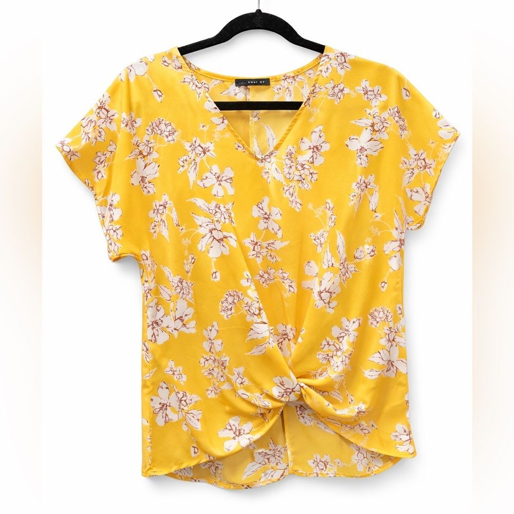 West Kei Mustard Yellow Cream Floral Twist Front Blouse XS V Neck USA